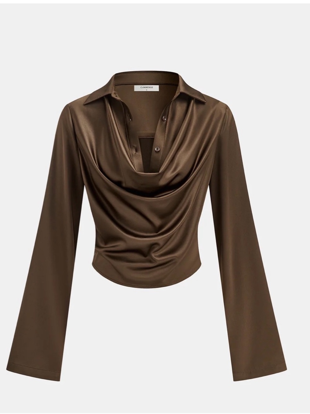 Commense Brown Satin Cowl Collar Blouse